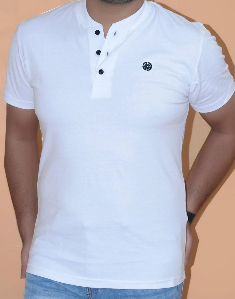 WHITE HENLEY - EMBROIDERED LOGO